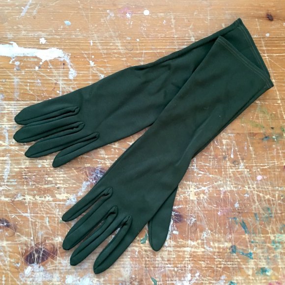 Vintage Forest Green Fabric Gloves, Mid Arm Length, Small - Picture 2 of 5